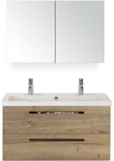 Seville Badmeubelset 100 cm - Natuur Eiken - Wastafel Djazz 2 Kraangaten met Spiegelkast