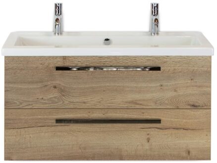 Seville Badmeubelset 100 cm - Natuur Eiken - Wastafel Djazz 2 Kraangaten
