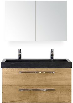 Seville Badmeubelset 100 cm - Natuur Eiken - Wastafel Hardsteen Wit Lucca 2 Kraangaten met Spiegelkast