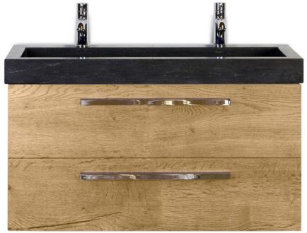 Seville Badmeubelset 100 cm - Natuur Eiken - Wastafel Hardsteen Wit Lucca 2 Kraangaten