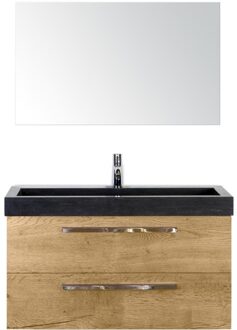 Seville Badmeubelset 100 cm - Natuur Eiken - Wastafel Hardsteen Wit Lucca met Spiegel