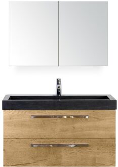 Seville Badmeubelset 100 cm - Natuur Eiken - Wastafel Hardsteen Wit Lucca met Spiegelkast