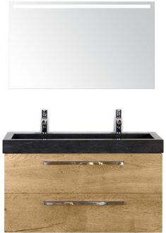 Seville Badmeubelset 100 cm - Natuur Eiken - Wastafel Lucca 2 Kraangaten met Sence Spiegel