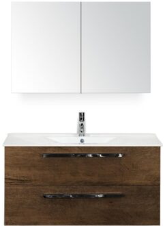 Seville Badmeubelset 100 cm - Tabacco - Keramische Wastafel Wit Enjoy met Spiegelkast