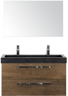 Seville Badmeubelset 100 cm - Tabacco - Wastafel Hardsteen Wit Lucca 2 Kraangaten met Spiegel