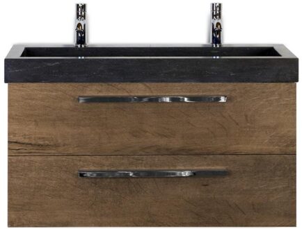 Seville Badmeubelset 100 cm - Tabacco - Wastafel Hardsteen Wit Lucca 2 Kraangaten