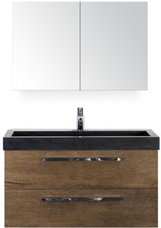Seville Badmeubelset 100 cm - Tabacco - Wastafel Hardsteen Wit Lucca met Spiegelkast