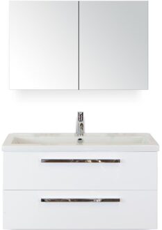 Seville Badmeubelset 100 cm - Wit Hoogglans - Wastafel Djazz 1 Kraangat met Spiegelkast