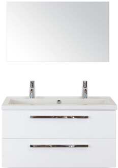 Seville Badmeubelset 100 cm - Wit Hoogglans - Wastafel Djazz 2 Kraangaten met Spiegel