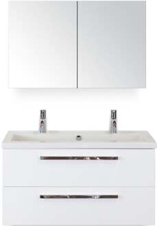 Seville Badmeubelset 100 cm - Wit Hoogglans - Wastafel Djazz 2 Kraangaten met Spiegelkast