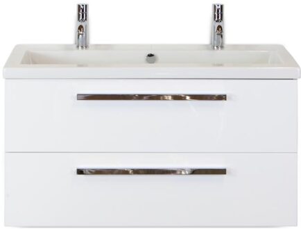 Seville Badmeubelset 100 cm - Wit Hoogglans - Wastafel Djazz 2 Kraangaten