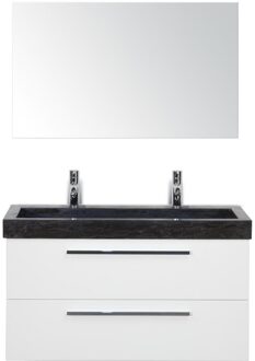 Seville Badmeubelset 100 cm - Wit Hoogglans - Wastafel Hardsteen Wit Lucca 2 Kraangaten met Spiegel