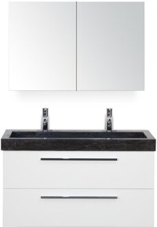 Seville Badmeubelset 100 cm - Wit Hoogglans - Wastafel Hardsteen Wit Lucca 2 Kraangaten met Spiegelkast