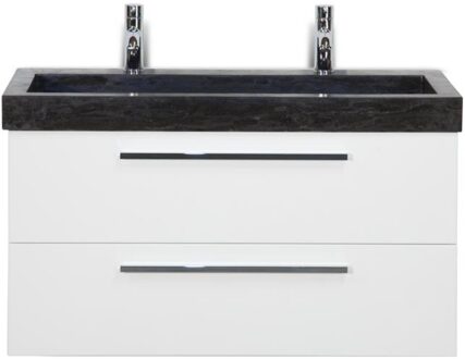 Seville Badmeubelset 100 cm - Wit Hoogglans - Wastafel Hardsteen Wit Lucca 2 Kraangaten