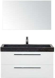 Seville Badmeubelset 100 cm - Wit Hoogglans - Wastafel Hardsteen Wit Lucca met Spiegel