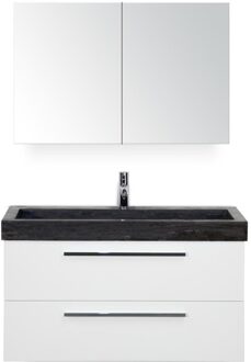Seville Badmeubelset 100 cm - Wit Hoogglans - Wastafel Hardsteen Wit Lucca met Spiegelkast