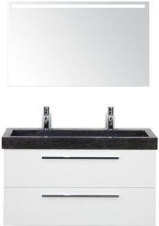 Seville Badmeubelset 100 cm - Wit Hoogglans - Wastafel Lucca 2 Kraangaten met Sence Spiegel