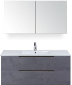 Seville Badmeubelset 120 cm - 2 Laden Beton Antrac Edge - Wastafel Enjoy Enkel met Spiegelkast