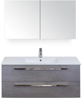 Seville Badmeubelset 120 cm - 2 Laden Beton Antraciet - Wastafel Enjoy Enkel met Spiegelkast