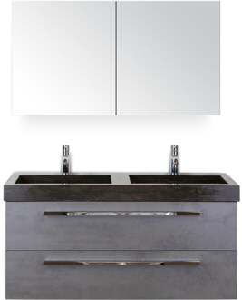 Seville Badmeubelset 120 cm - 2 Laden Beton Antraciet - Wastafel Lucca Dubbel met Spiegelkast