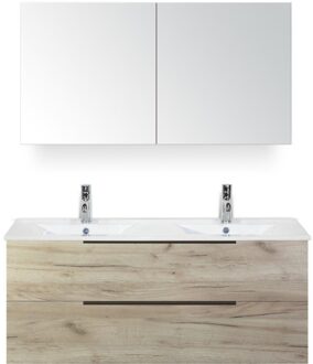 Seville Badmeubelset 120 cm - 2 Laden Craft Oak Edge - Wastafel Enjoy Dubbel met Spiegelkast