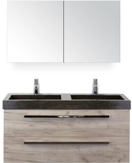 Seville Badmeubelset 120 cm - 2 Laden Craft Oak - Wastafel Lucca Dubbel met Spiegelkast