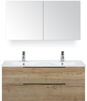 Seville Badmeubelset 120 cm - 2 Laden Natuur Eik Edge - Wastafel Enjoy Dubbel met Spiegelkast