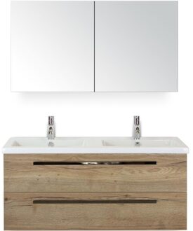Seville Badmeubelset 120 cm - 2 Laden Natuur Eiken - Wastafel Djazz Dubbel met Spiegelkast
