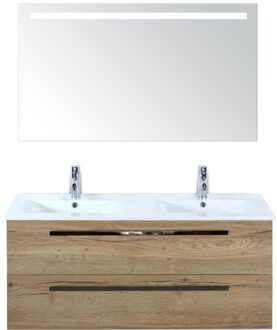 Seville Badmeubelset 120 cm - 2 Laden Natuur Eiken - Wastafel Enjoy Dubbel met Sence Spiegel