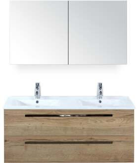 Seville Badmeubelset 120 cm - 2 Laden Natuur Eiken - Wastafel Enjoy Dubbel met Spiegelkast