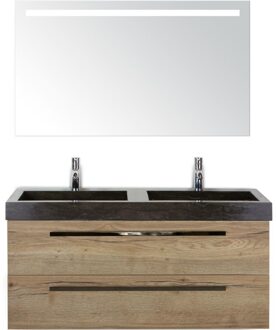 Seville Badmeubelset 120 cm - 2 Laden Natuur Eiken - Wastafel Lucca Dubbel met Sence Spiegel