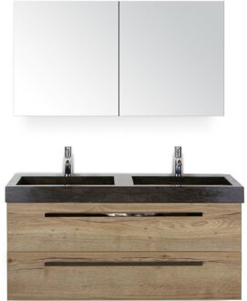 Seville Badmeubelset 120 cm - 2 Laden Natuur Eiken - Wastafel Lucca Dubbel met Spiegelkast