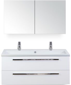 Seville Badmeubelset 120 cm - 2 Laden Wit Hoogglans - Wastafel Djazz Enkel 2 Kraangaten met Spiegelkast