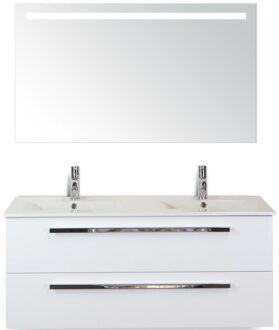 Seville Badmeubelset 120 cm - 2 Laden Wit Hoogglans - Wastafel Enjoy Dubbel met Sence Spiegel