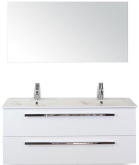 Seville Badmeubelset 120 cm - 2 Laden Wit Hoogglans - Wastafel Enjoy Dubbel met Spiegel