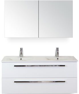 Seville Badmeubelset 120 cm - 2 Laden Wit Hoogglans - Wastafel Enjoy Dubbel met Spiegelkast