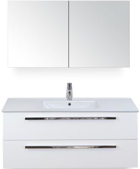 Seville Badmeubelset 120 cm - 2 Laden Wit Hoogglans - Wastafel Enjoy Enkel met Spiegelkast