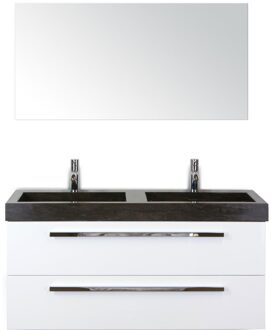 Seville Badmeubelset 120 cm - 2 Laden Wit Hoogglans - Wastafel Lucca Dubbel met Spiegel