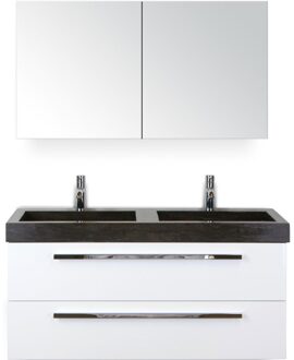Seville Badmeubelset 120 cm - 2 Laden Wit Hoogglans - Wastafel Lucca Dubbel met Spiegelkast
