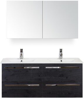 Seville Badmeubelset 120 cm - 4 Laden Black Oak - Keramische Wastafel Wit Enjoy met Spiegelkast