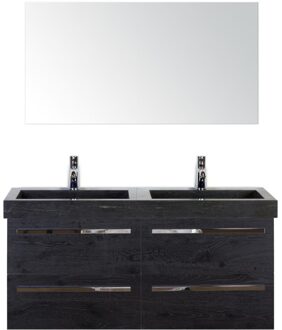 Seville Badmeubelset 120 cm - 4 Laden Black Oak - Wastafel Hardsteen Wit Lucca met Spiegel
