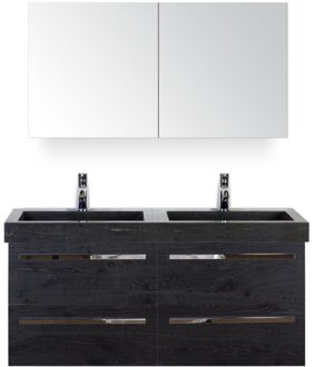 Seville Badmeubelset 120 cm - 4 Laden Black Oak - Wastafel Hardsteen Wit Lucca met Spiegelkast