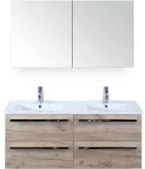 Seville Badmeubelset 120 cm - 4 Laden Craft Oak - Wastafel Enjoy Dubbel met Spiegelkast