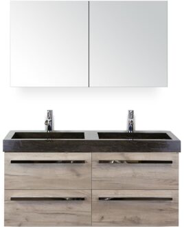 Seville Badmeubelset 120 cm - 4 Laden Craft Oak - Wastafel Lucca Dubbel met Spiegelkast