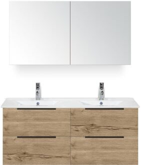 Seville Badmeubelset 120 cm - 4 Laden Natuur Eik Edge - Wastafel Enjoy Dubbel met Spiegelkast