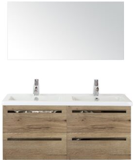 Seville Badmeubelset 120 cm - 4 Laden Natuur Eiken - Wastafel Djazz Dubbel met Spiegel
