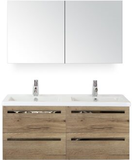 Seville Badmeubelset 120 cm - 4 Laden Natuur Eiken - Wastafel Djazz Dubbel met Spiegelkast