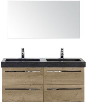 Seville Badmeubelset 120 cm - 4 Laden Natuur Eiken - Wastafel Hardsteen Wit Lucca met Spiegel