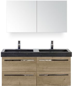 Seville Badmeubelset 120 cm - 4 Laden Natuur Eiken - Wastafel Hardsteen Wit Lucca met Spiegelkast