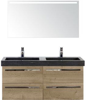 Seville Badmeubelset 120 cm - 4 Laden Natuur Eiken - Wastafel Lucca Dubbel met Sence Spiegel